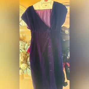 Purple Velvet Button-Front Vintage Velvet Dress satin bow